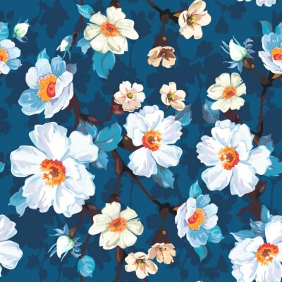 Behang Blauw Bloemen Naadloos Patroon