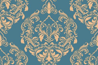 Behang Blauw en oranje dessin in ornament