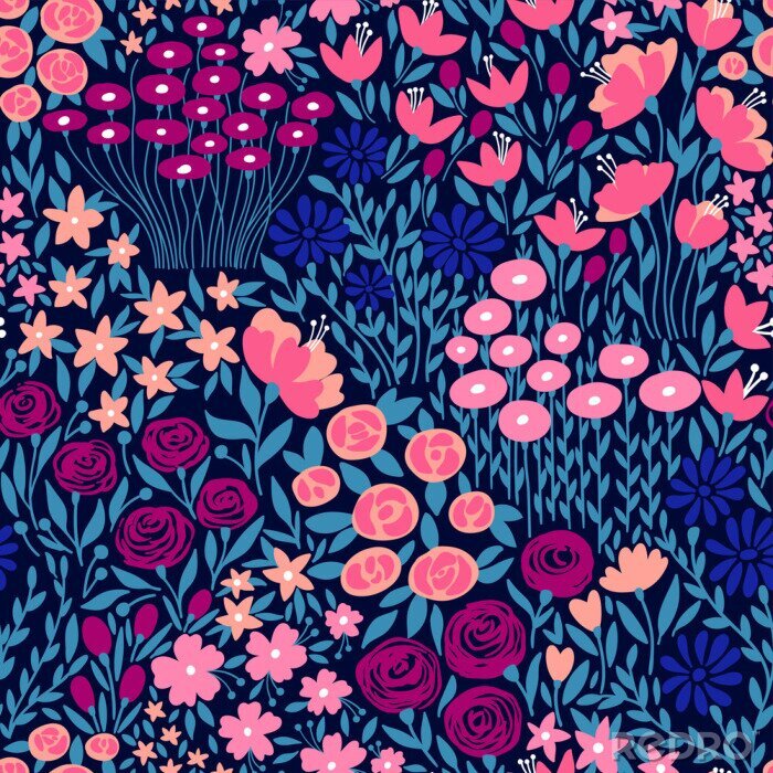Behang Blauw en roze bloemmotief
