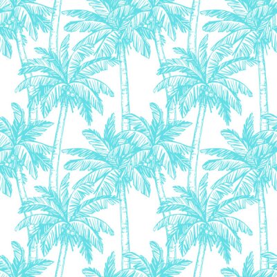 Behang Blauw geschetste tropische bomen