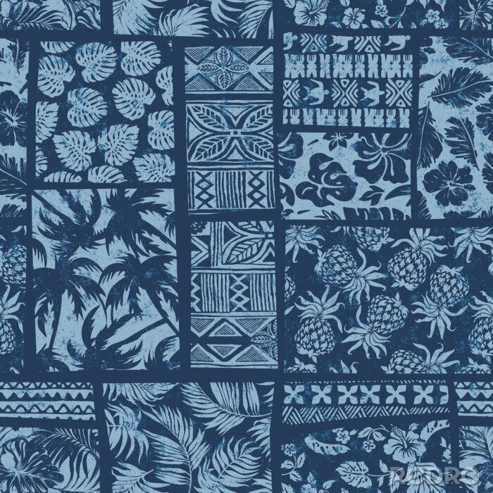 Behang Blauw patchwork in Hawaïaanse stijl