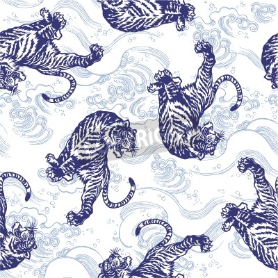 Behang Blauw patroon in Japanse stijl