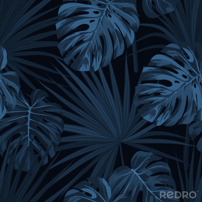 Behang Blauw patroon met jungle planten