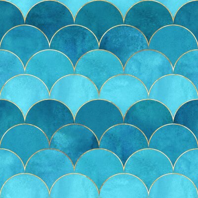 Behang Blauw patroon met zeemeermin motief