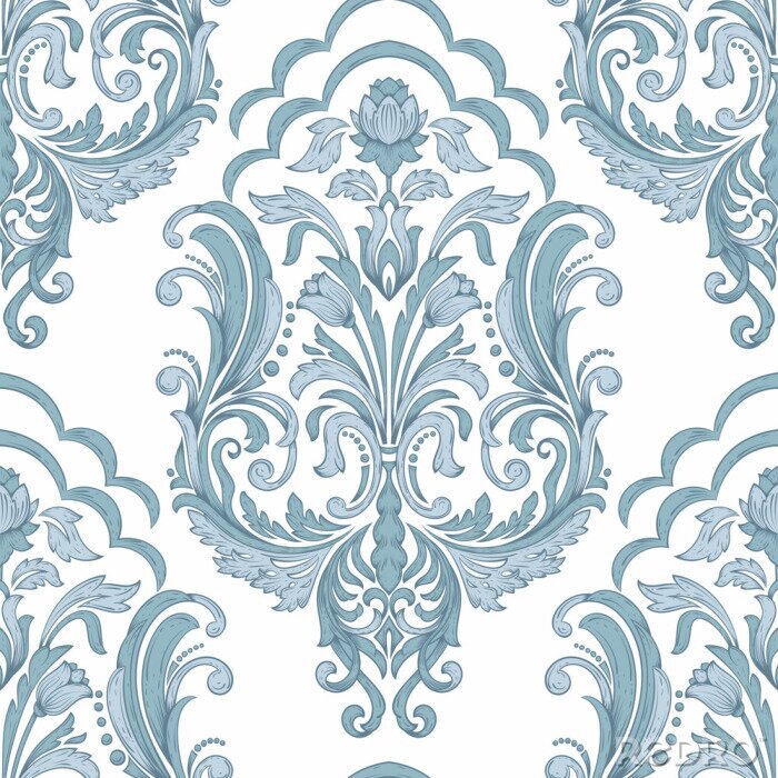 Behang Blauw patroon ornament op een witte achtergrond