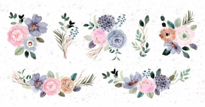 Blauw-roze subtiele bloemenillustraties