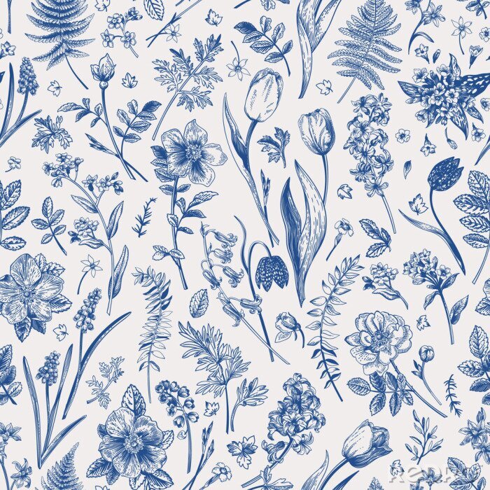 Behang Blauwe bloemen in vintage stijl