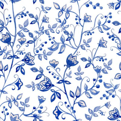 Behang Blauwe bloemen ornament