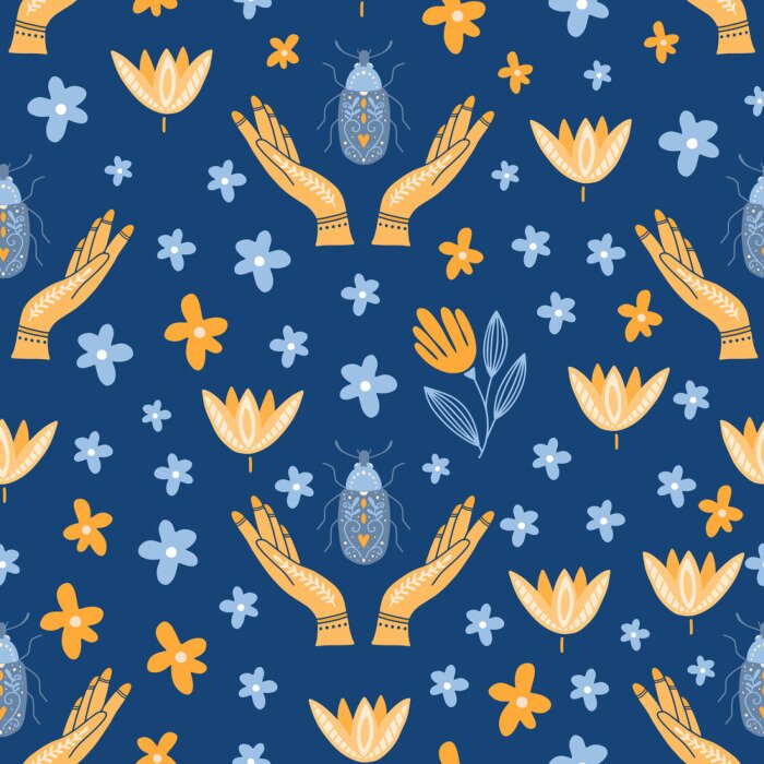 Behang Blauwe en gele handen en bloemen op een marineblauwe achtergrond