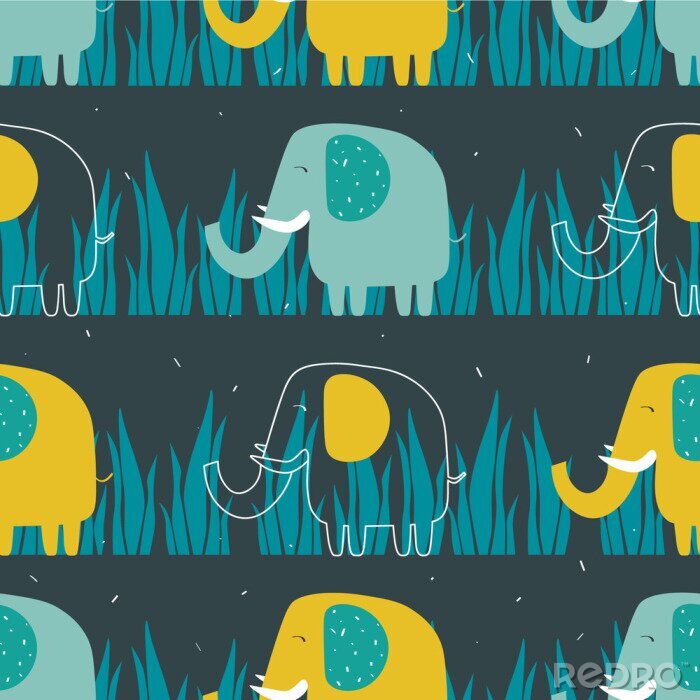 Behang Blauwe en gele olifanten op de achtergrond