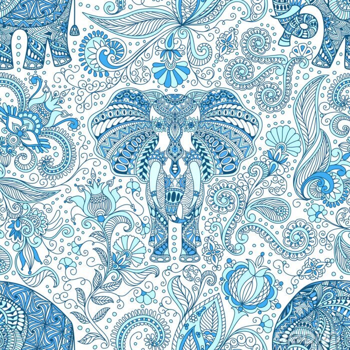 Behang Blauwe geometrische olifanten