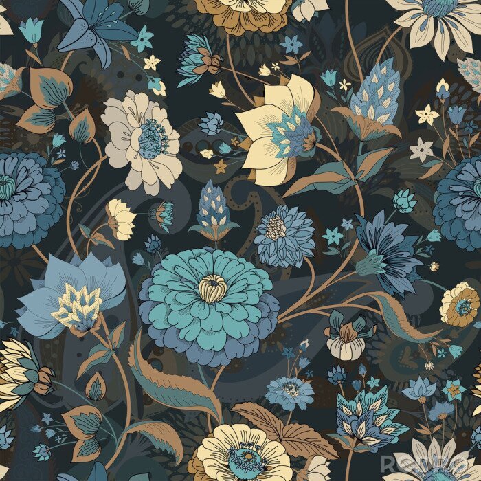 Behang Blauwe oosterse bloemen op een donkere achtergrond