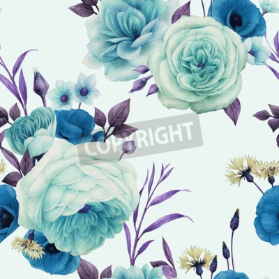 Behang Blauwe pioenen en bladeren