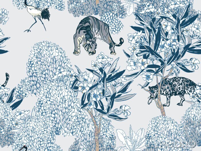 Behang Blauwe planten en dieren in oosterse stijl