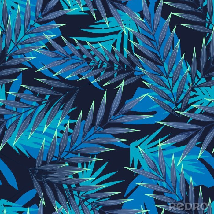 Behang Blauwe tropische bladeren