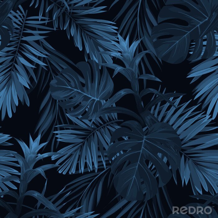 Behang Blauwe tropische vegetatie op een donkere achtergrond