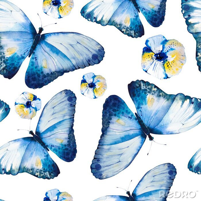 Behang Blauwe vlinders en viooltjes bloemen
