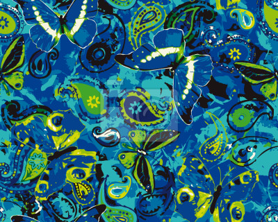 Behang Blauwgroene vlinders met bloemen