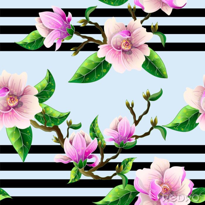 Behang Bloeiende magnolia en strepen