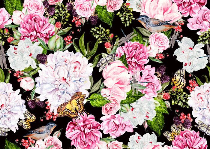 Behang Bloeiende pioenrozen en vlinders