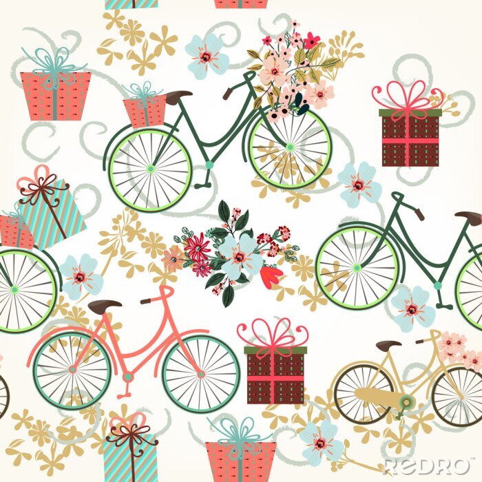 Behang Bloemen behang patroon met fietsen en bloemen