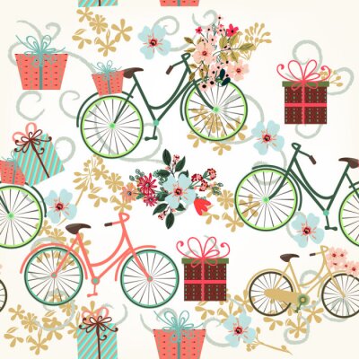Behang Bloemen behang patroon met fietsen en bloemen