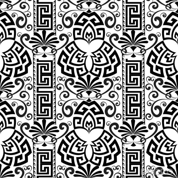Behang Bloemen decoratief zwart-wit Grieks naadloos patroon.
