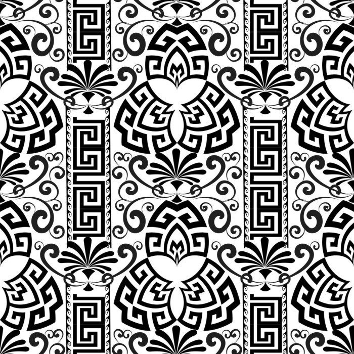 Behang Bloemen decoratief zwart-wit Grieks naadloos patroon.
