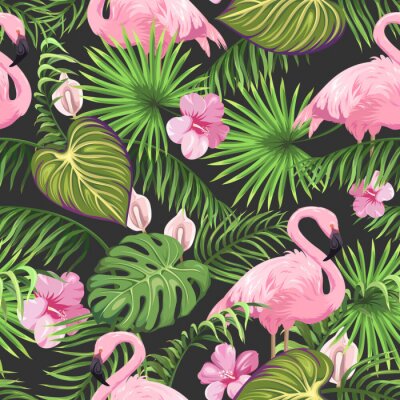 Behang Bloemen en flamingo's op een donkere achtergrond