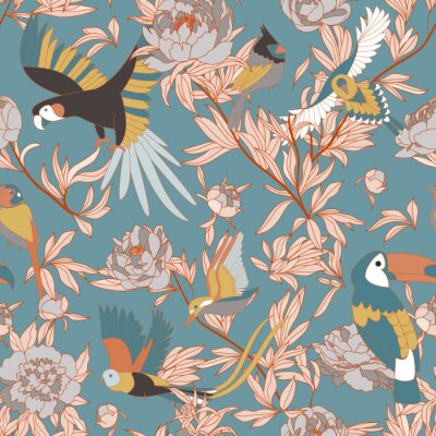 Behang Bloemen en kleurrijke papegaaien blauwe achtergrond