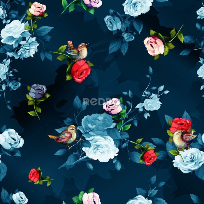 Behang Bloemen in verzadigde kleuren op een marineblauwe achtergrond