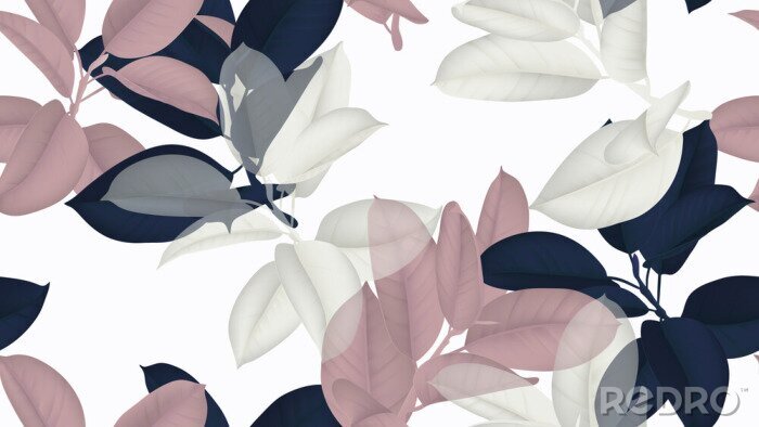 Behang Bloemen naadloos patroon, blauwe, roze en witte Ficus Elastica / rubberplant op witte achtergrond