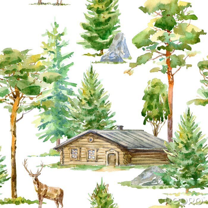 Behang Bloemen naadloos patroon van een houten huis, herten, pijnboom, sparren, steen en bladwisselende boom.Rural landschap.Watercolor hand getekende illustratie.Witte achtergrond.