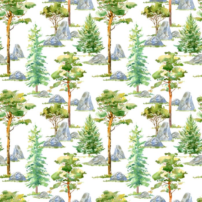 Behang Bloemen naadloos patroon van een pijnboom, sparren, steen en bladwisselende boom.Watercolor hand getekende illustratie.Witte achtergrond.