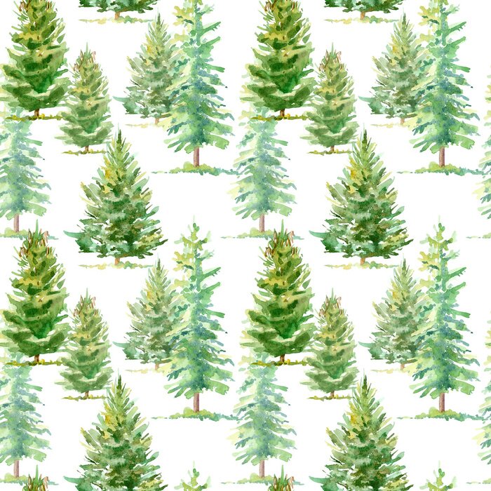 Behang Bloemen naadloos patroon van een sparrenboom.Watercolor hand getekende illustratie.Witte achtergrond.