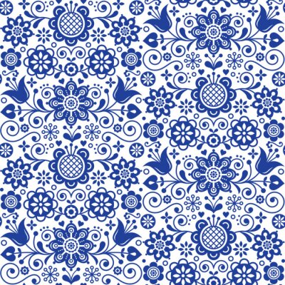 Behang Bloemen naadloos volkskunst vectorpatroon, Skandinavisch marineblauw herhaald ontwerp, Noords ornament met bloemen