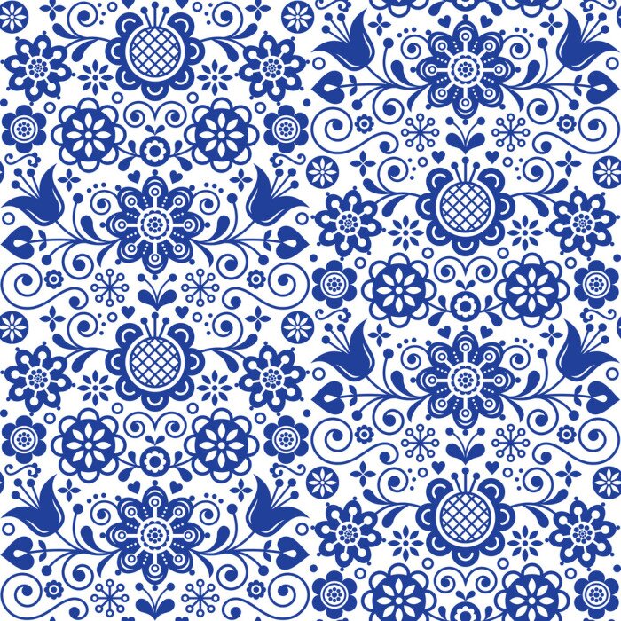 Behang Bloemen naadloos volkskunst vectorpatroon, Skandinavisch marineblauw herhaald ontwerp, Noords ornament met bloemen
