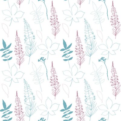 Behang Bloemen vector naadloos patroon met verschillende hand getrokken bladeren, wilde bloemen en planten