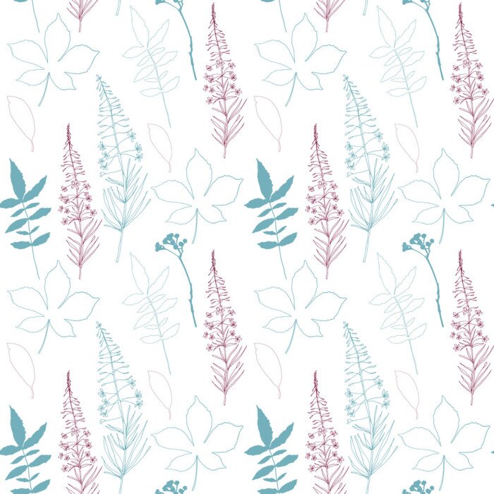 Behang Bloemen vector naadloos patroon met verschillende hand getrokken bladeren, wilde bloemen en planten