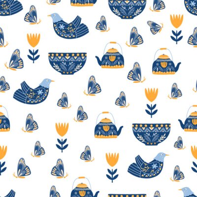 Behang Bloemen vogels en blauwe vlinders op een witte achtergrond