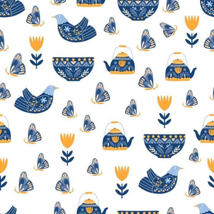 Behang Bloemen vogels en blauwe vlinders op een witte achtergrond