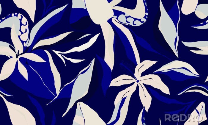 Behang Bloemmotief met blauwe bloemen