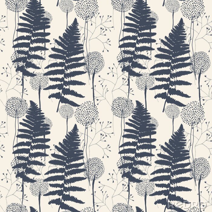 Behang Bloempatroon met varenbladen, paardebloemen en grassen.