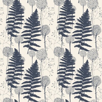Behang Bloempatroon met varenbladen, paardebloemen en grassen.