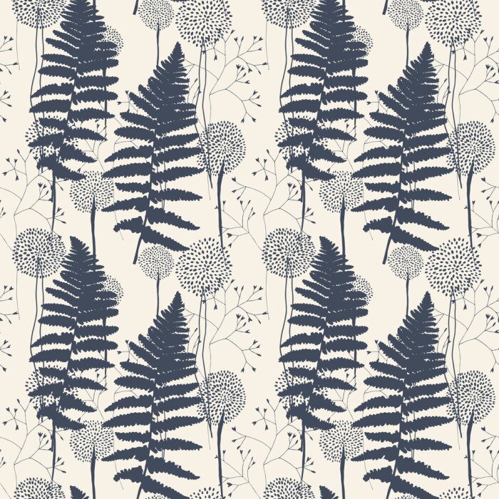 Behang Bloempatroon met varenbladen, paardebloemen en grassen.