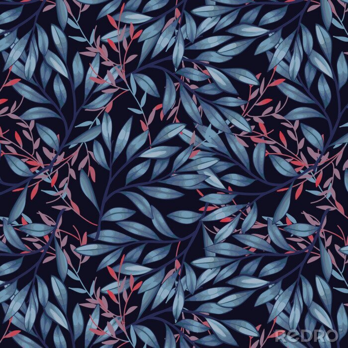 Behang Blue and red leaves on dark background pattern