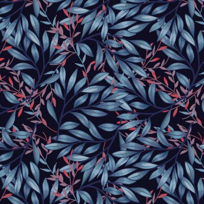 Behang Blue and red leaves on dark background pattern