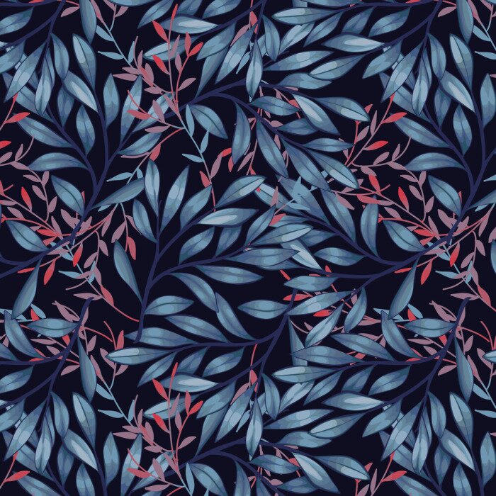 Behang Blue and red leaves on dark background pattern