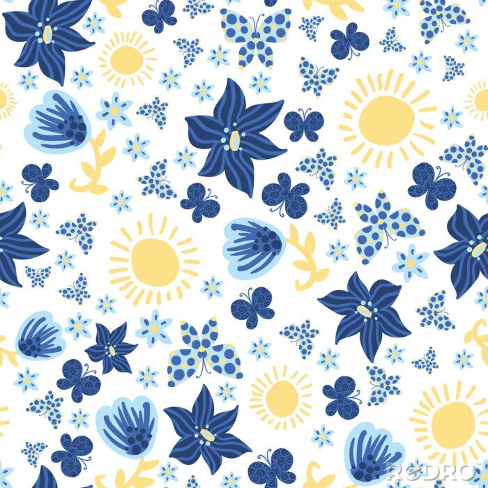 Behang Blue flowers, butterflies and yellow suns seamless vector pattern on a white background. Decorative summertime surface print design. For fabrics, greeting cards, wrapping paper, and packaging.