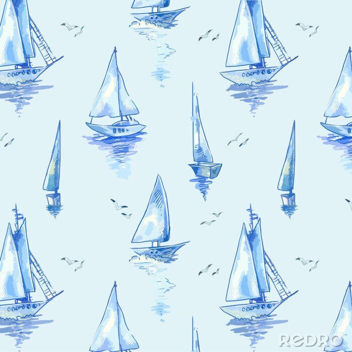 Behang Blue sailboats. Vector pattern with boats in watercolor style